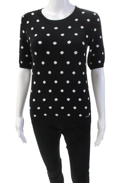 T Tahari Womens Short Sleeve Crew Neck Knit Polka Dot Shirt Black White Size XS