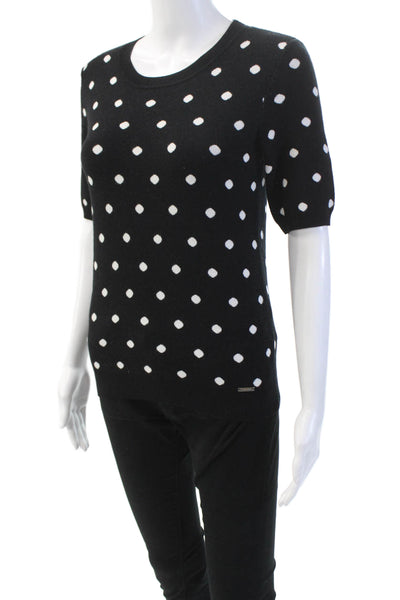 T Tahari Womens Short Sleeve Crew Neck Knit Polka Dot Shirt Black White Size XS
