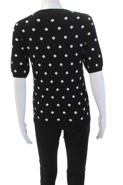 T Tahari Womens Short Sleeve Crew Neck Knit Polka Dot Shirt Black White Size XS