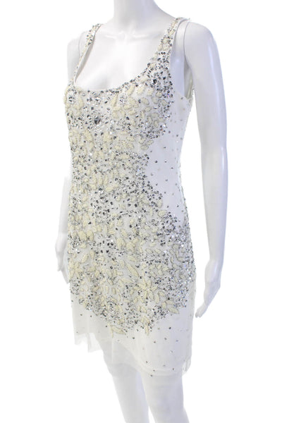 Adrianna Papell Womens Scoop Neck Sleeveless Beaded Mini Dress White Size 10
