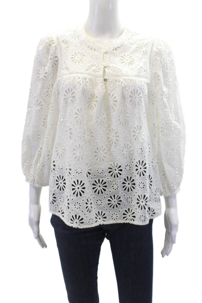 Shoshanna Womens 3/4 Sleeve V Neck Embroidered Eyelet Top White Size Small