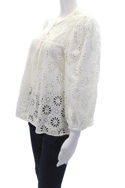 Shoshanna Womens 3/4 Sleeve V Neck Embroidered Eyelet Top White Size Small