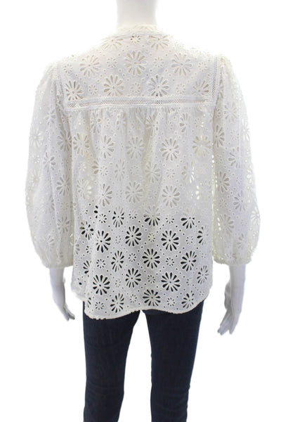 Shoshanna Womens 3/4 Sleeve V Neck Embroidered Eyelet Top White Size Small