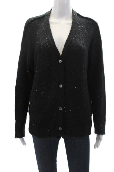 ATM Womens Butotn Front V Neck Sequin Knit Cardigan Sweater Black Size Small
