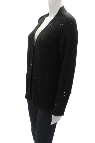 ATM Womens Butotn Front V Neck Sequin Knit Cardigan Sweater Black Size Small
