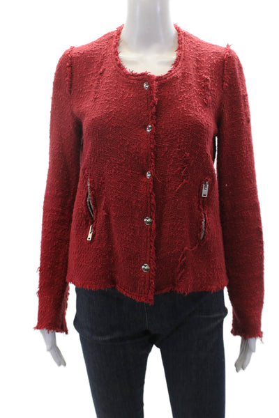 IRO Womens Button Zip Front Long Sleeve Crew Neck Knit Jacket Red Cotton FR 38