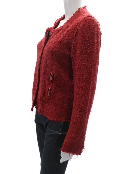 IRO Womens Button Zip Front Long Sleeve Crew Neck Knit Jacket Red Cotton FR 38