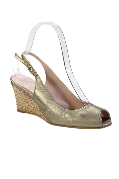 Stuart Weitzman Womens Metallic Leather Peep Toe Slingback Wedges Gold Size 5