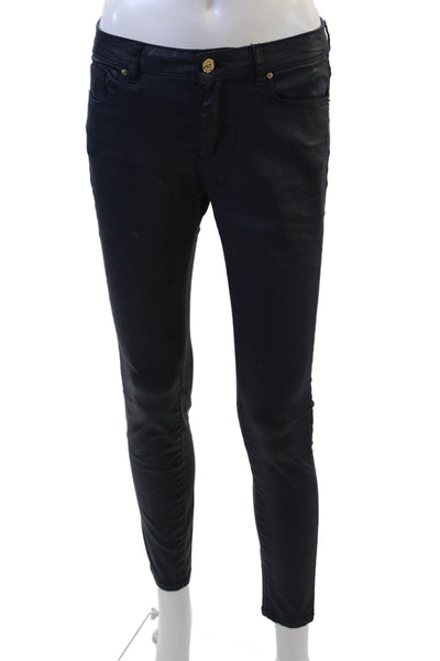 Zara Womens Zipper Fly Mid Rise Coated Slim Cut Jeans Dark Navy Size 2