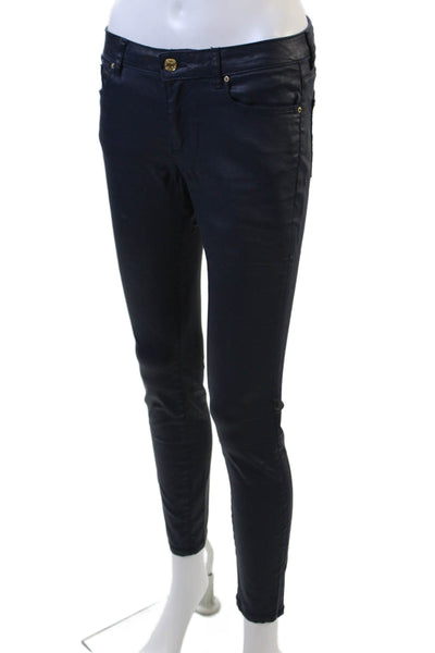 Zara Womens Zipper Fly Mid Rise Coated Slim Cut Jeans Dark Navy Size 2