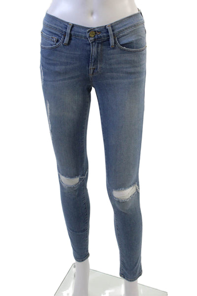 Frame Denim Womens Zipper Fly Mid Rise Distressed Skinny Jeans Blue Size 25
