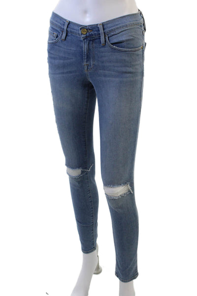 Frame Denim Womens Zipper Fly Mid Rise Distressed Skinny Jeans Blue Size 25