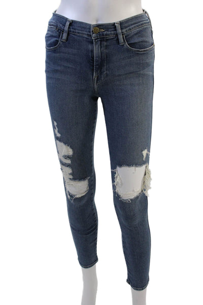 Frame Denim Womens High Rise Medium Wash Distressed Skinny Jeans Blue Size 27