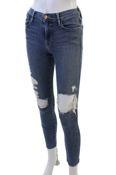 Frame Denim Womens High Rise Medium Wash Distressed Skinny Jeans Blue Size 27