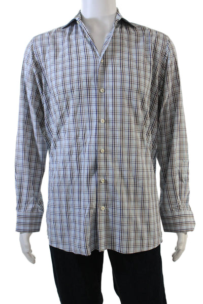 Eton Mens Button Front Long Sleeve Plaid Collared Shirt Blue White Brown Size 16