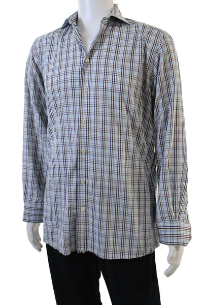 Eton Mens Button Front Long Sleeve Plaid Collared Shirt Blue White Brown Size 16