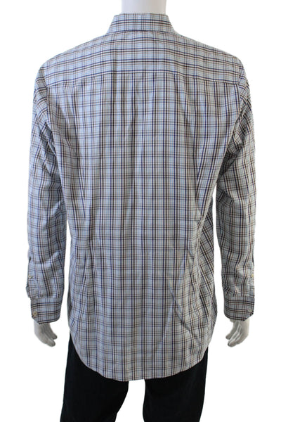 Eton Mens Button Front Long Sleeve Plaid Collared Shirt Blue White Brown Size 16