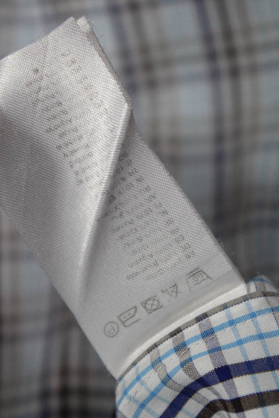 Eton Mens Button Front Long Sleeve Plaid Collared Shirt Blue White Brown Size 16