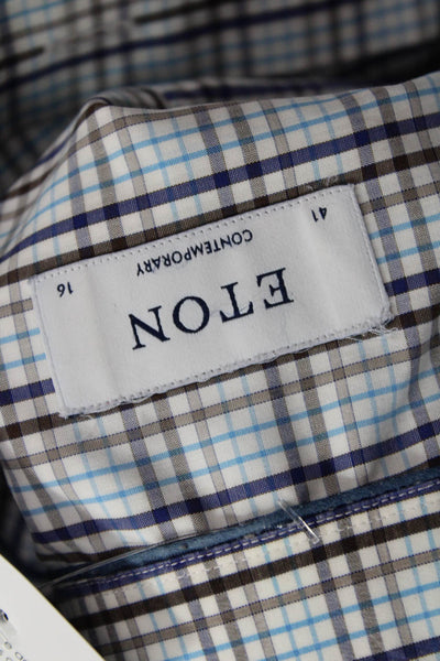 Eton Mens Button Front Long Sleeve Plaid Collared Shirt Blue White Brown Size 16