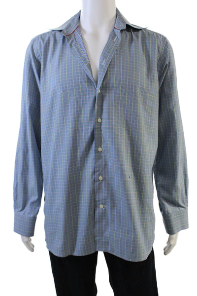 Eton Mens Button Front Long Sleeve Collared Plaid Shirt Blue Green Size 16