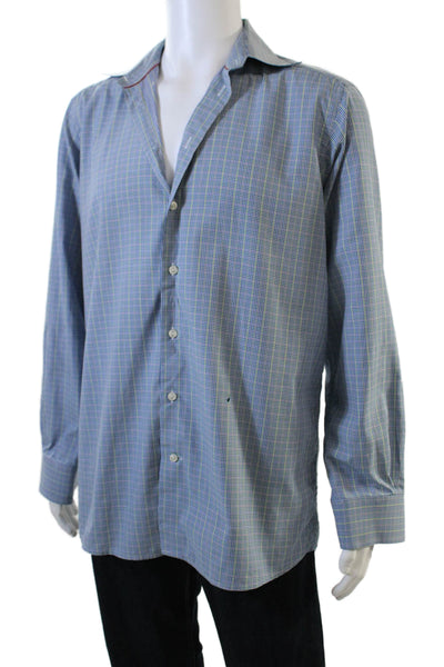 Eton Mens Button Front Long Sleeve Collared Plaid Shirt Blue Green Size 16