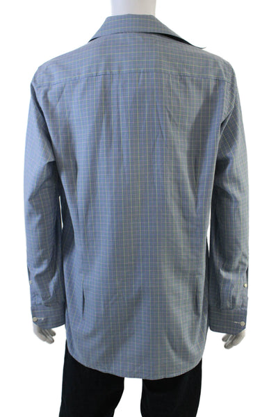 Eton Mens Button Front Long Sleeve Collared Plaid Shirt Blue Green Size 16