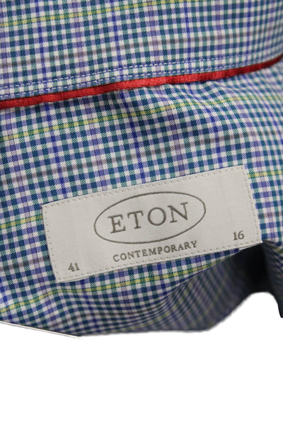 Eton Mens Button Front Long Sleeve Collared Plaid Shirt Blue Green Size 16