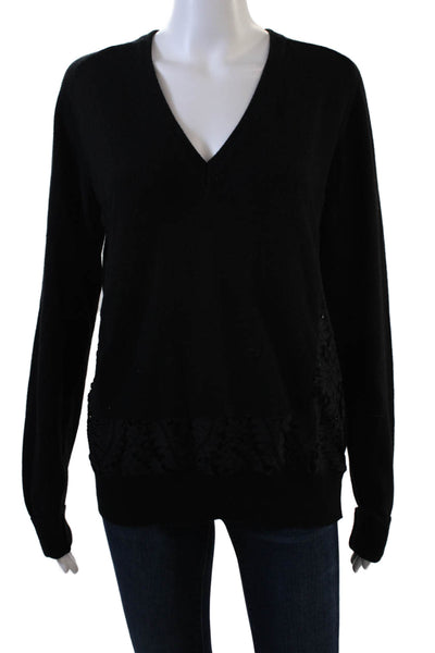 No21 Womens V-Neck Long Sleeve Lace Panel Detail Knit Sweater Black Size M