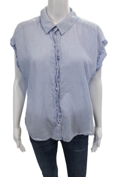 Unsubscribed Womens Cotton Striped Collared Button-Down Shirt Blue Size M