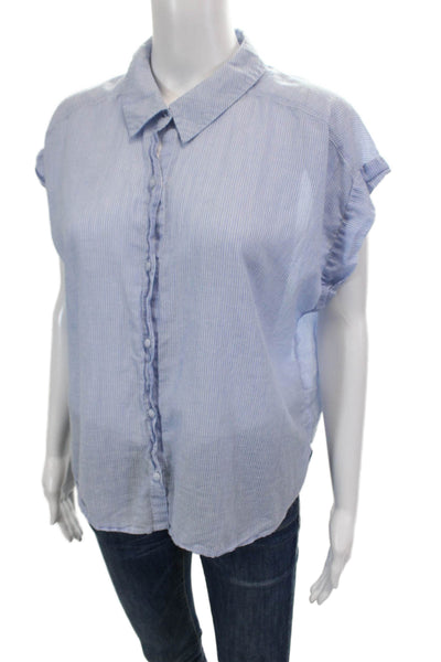 Unsubscribed Womens Cotton Striped Collared Button-Down Shirt Blue Size M