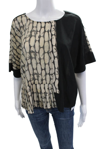 Cotelac Women's Round Neck Short Sleeves Pleated Boxy Blouse Black Beige Size 3