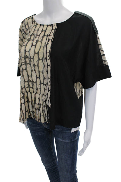 Cotelac Women's Round Neck Short Sleeves Pleated Boxy Blouse Black Beige Size 3