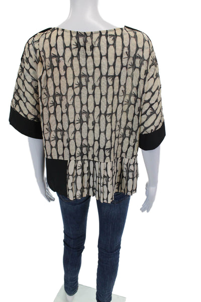 Cotelac Women's Round Neck Short Sleeves Pleated Boxy Blouse Black Beige Size 3