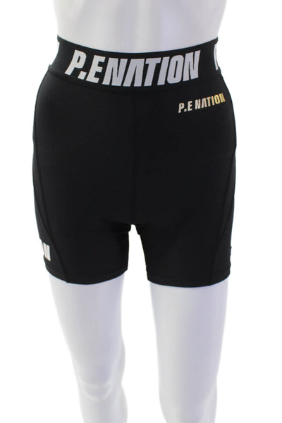 P.E. Nation Womens Pull On High Rise Biker Shorts Black White Size Extra Small