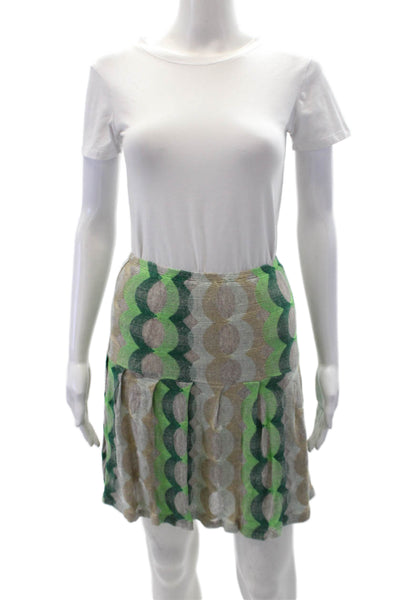 Anna Sui Womens Geometric Print Stretch Pleated Mini Skirt Beige Size PP