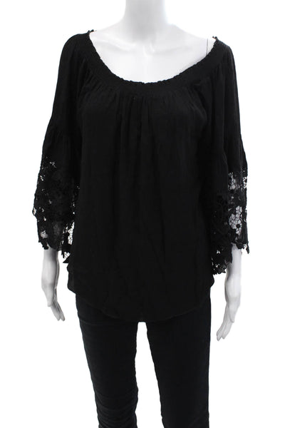 Muche Et Muchette Womens Cotton Short Sleeve Scoop Neck Lace Top Black OS
