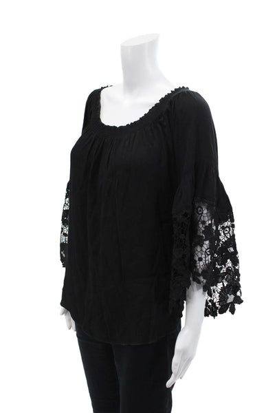 Muche Et Muchette Womens Cotton Short Sleeve Scoop Neck Lace Top Black OS