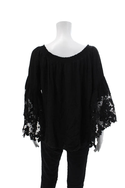 Muche Et Muchette Womens Cotton Short Sleeve Scoop Neck Lace Top Black OS