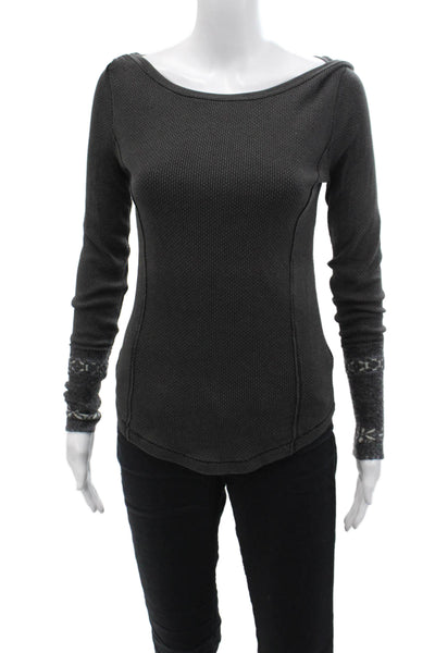 Free People Womens Textured Print Cotton Long Sleeve Blouse Top Gray Size S