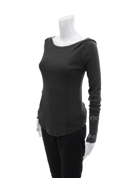 Free People Womens Textured Print Cotton Long Sleeve Blouse Top Gray Size S
