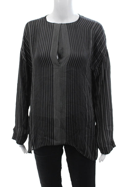 Vince Womens Silk Striped Print Long Sleeve V-Neck Pullover Blouse Black Size 6