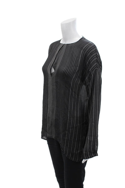 Vince Womens Silk Striped Print Long Sleeve V-Neck Pullover Blouse Black Size 6