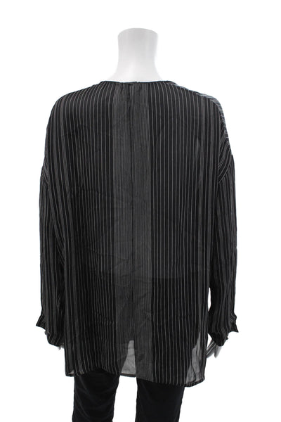 Vince Womens Silk Striped Print Long Sleeve V-Neck Pullover Blouse Black Size 6