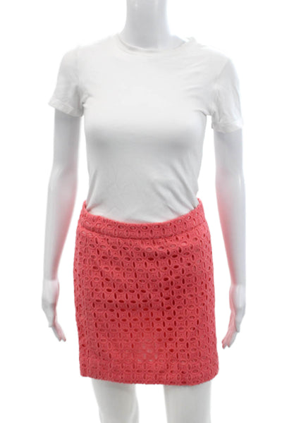 J Crew Womens Cotton Eyelet Embroidered Straight Mini Pencil Skirt Pink Size 0