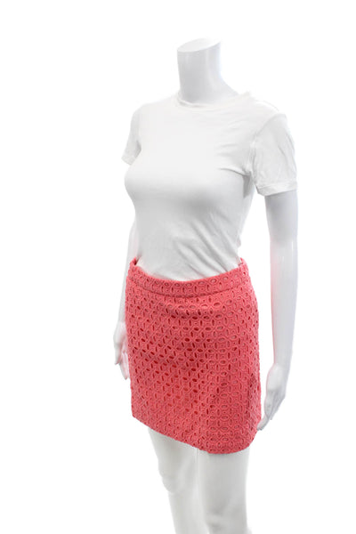J Crew Womens Cotton Eyelet Embroidered Straight Mini Pencil Skirt Pink Size 0