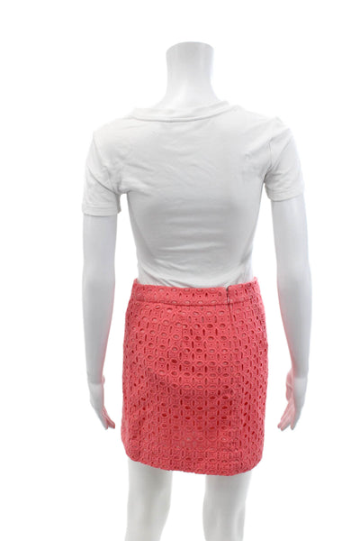 J Crew Womens Cotton Eyelet Embroidered Straight Mini Pencil Skirt Pink Size 0