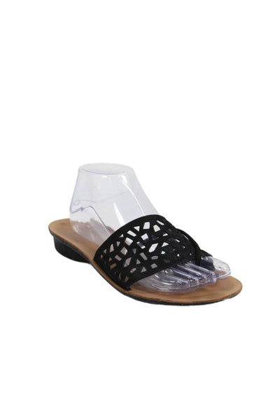 Paul Green Womens Leather Laser Cut Slide On Thong Sandals Black Size 6.5