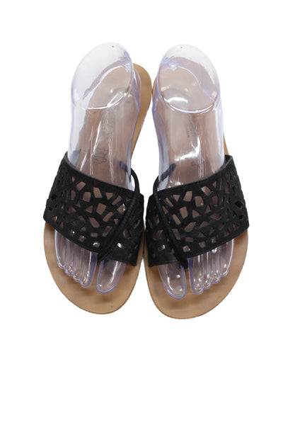 Paul Green Womens Leather Laser Cut Slide On Thong Sandals Black Size 6.5