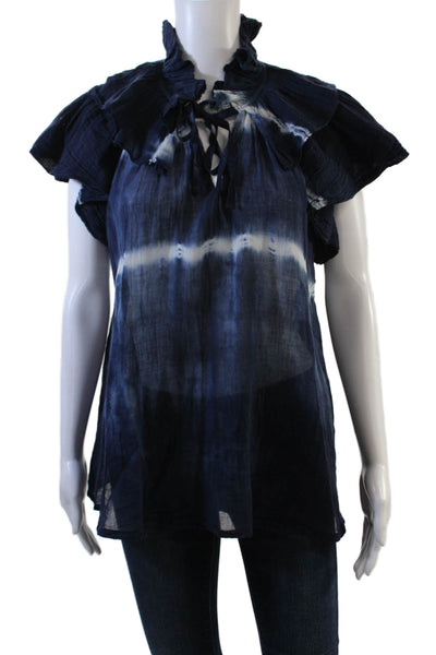 Raquel Allegra Womens Tie Dye Print Short Sleeves Blouse Navy Blue Cotton Size 2