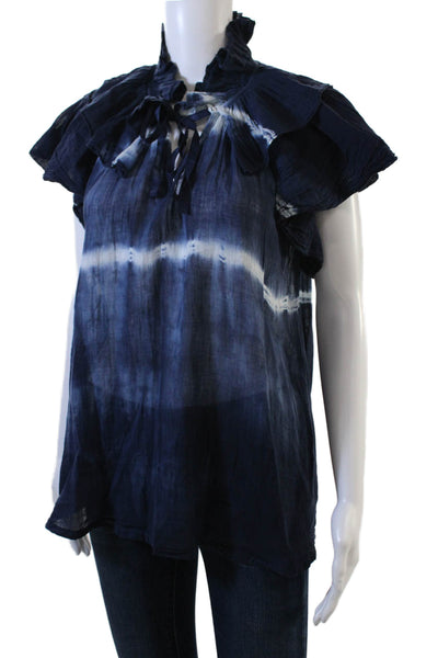 Raquel Allegra Womens Tie Dye Print Short Sleeves Blouse Navy Blue Cotton Size 2